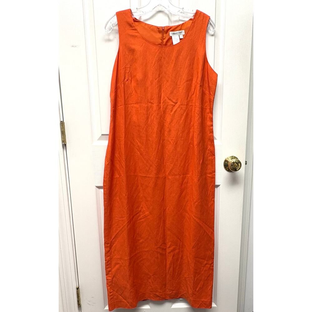 Coldwater Creek Dress Orange Linen Petite 12 Sleeveless Midi Sheath Summer